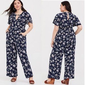 Torrid Navy Floral Challis V-Neck Jumpsuit